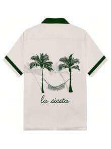 两件装男士亚麻印花度假衬衫，复古领上衣，撞色缎面保龄球衫，高端优雅奢华夏季衬衫 - 彩色 - 查看 3