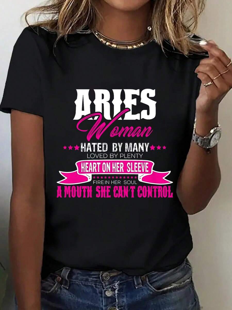 Women'S Aries Zodiac Graphic T-Shirt - 100% Breathable Round Neck Short Sleeve With "Aries Woman" & Astrological Symbols Print, Pink & Casual Comfort Fit, Machine Washable All-Season Top For Casual Attire & Birthday/Holiday Gifts (Aries Season March - 黑色 - 查看 1