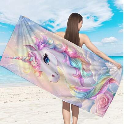 Khăn tắm biển in hình kỳ lân [Siêu mềm, nhanh khô 250gsm] 70*140cm/90*180cm, khăn bơi di động thấm hút cao, trang trí phòng tắm, thích hợp cho bãi biển mùa hè, bơi lội, du lịch, cắm trại, tập thể dục.