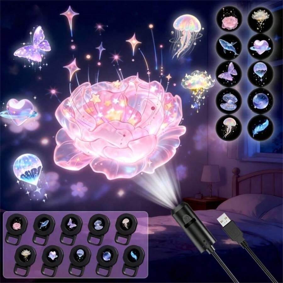 1套 USB LED 投影燈,LED 夢幻投影燈,附玫瑰、鯨魚、蝴蝶、雲朵、心形、行星、羽毛圖案 - 可調節支架,塑料材質,USB 供電,適用於牆壁/天花板裝飾、床頭夜燈、生日禮物 - 黑色 - 查看 1