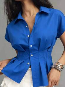Plus Size Women Blue Blouse, Solid Color Casual V-Neck Shirt, Versatile Pleated Waist Design Slim Fit Flattering Blouse, Office Commute Style, Collegiate Style, Everyday Casual Fashionable Versatile Women Top - Royal Blue - View 1