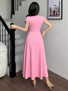 abyoxi 女士粉色短袖深V领蕾丝边A字中长连衣裙，复古优雅性感休闲风，适合日常穿着、约会、派对、正式晚宴，春夏修身连衣裙 - 粉色 - 查看 2