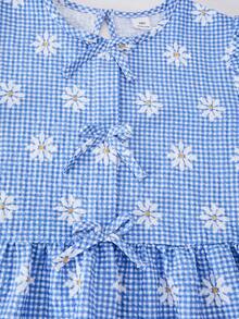 Summer Girls' Sweet & Fresh 2pcs Set, Blue & White Plaid Puff Sleeve Top With Floral Print & Bow Decor, Paired With Matching Loose Casual Pants, Stylish Outfit - Blue - View 8