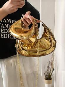 2026 Spring New Arrival Women Bag,Glossy Moon Box Mini Handbag, Crescent Moon Bag, Elegant For Lady,Chic Laser Gold Chain Shoulder/Crossbody Bag,Foldable Candy Color Fashion PU Leather Underarm Bag, Women's Cute Casual Versatile Handbag & Purse  Lipstick/Earbud Holder Case, Versatile Shoulder Bag, Solid Color Minimalist Zipper Shoulder Bag, Fashionable, Zipper Shoulder Bag, Faux Leather Solid Color Wallet, Versatile For Work/Commute, Winter Summer Autumn Spring,Ideal New Year Gift, Small Bag, Suitable For Women Commuting Daily Use. - Vàng - Xem 4