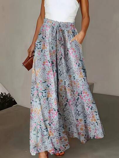 Women's Vacation Casual Ditsy Floral Twist Front Wide Leg Pants Spring