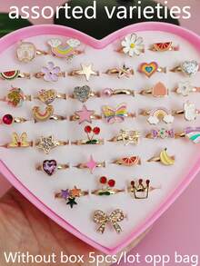 5pcs/Set Fashion Silver/Gold Tone Girl Alloy Rings, Children's Jewelry Gift, Adjustable Rings, Random Delivery (No Box)