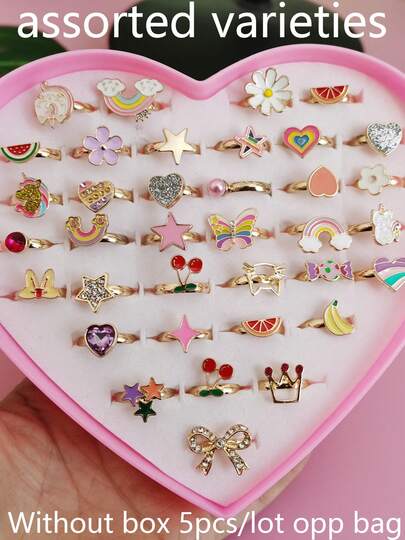 5pcs/Set Fashion Silver/Gold Tone Girl Alloy Rings, Children's Jewelry Gift, Adjustable Rings, Random Delivery (No Box)