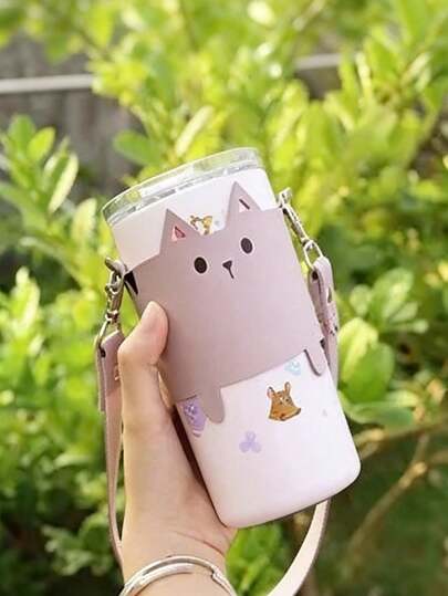  Water Bottle Handle Strap Water Bottle Sling Carrier Holder Strap Mug Tumbler Holder Cute Cat Design Anti Scalding Hand-Held Handheld Cup Sleeve