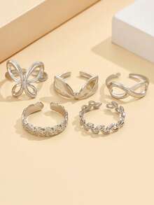 5pcs/Set Cincin Stainless Steel Berlapis Emas 18K Bentuk Bunga Lucu, Kupu-kupu, Telinga Kelinci, Dapat Diatur, Hadiah untuk Wanita - Butterfly - View 9