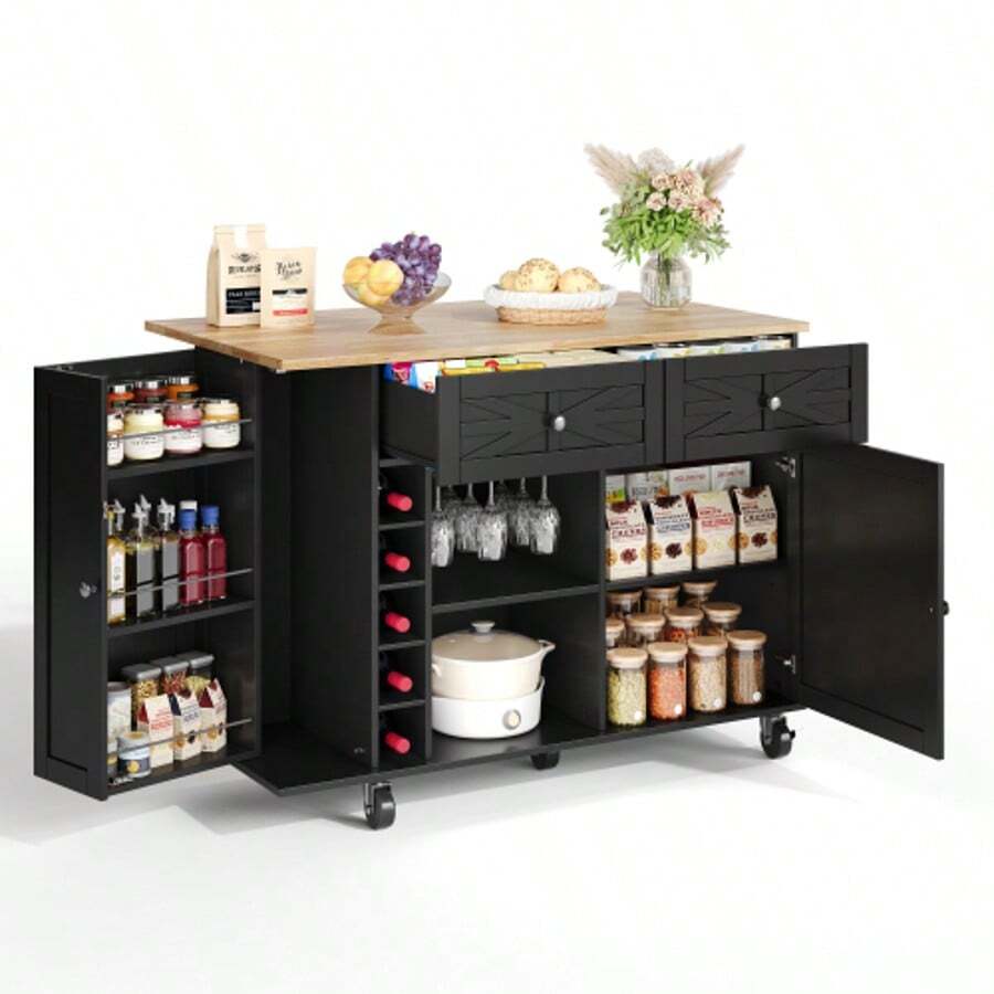 Kitchen Island With Fold-Down Worktop, Equipped With 5 Lockable Casters, Door Shelf, Wine Rack And Glass Holder, White, 120 X 45(70) X 89 Cm - 黑色 - 查看 1