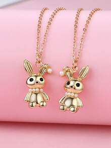 2件套可爱兔子造型锌合金仿珍珠项链套装，适合少女日常佩戴和送礼。