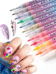 FULL BEAUTY 12 bút vẽ móng nghệ thuật graffiti khô nhanh, chống thấm nước, màu kim loại vàng, bạc, đen, trắng, hồng, bút vẽ móng nghệ thuật graffiti gel UV, thiết kế DIY, đường nét trừu tượng, dụng cụ làm móng acrylic, vật tư làm móng. - Nhiều màu - Xem 11