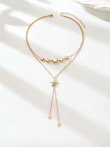 一条欧式中东时尚项链，配有星星、月亮、水钻、玫瑰、雏菊、镶钻恶魔眼、太阳、月亮、流苏、星星等吊坠，适合派对、婚礼、节日佩戴，也可作为礼物赠送。 - 金色 - 查看 3