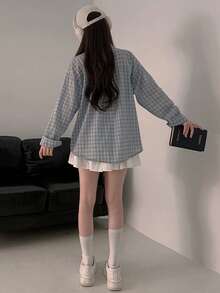 女士宽松休闲百搭长袖格子 Polo 衫 - 藍色 - 查看 9