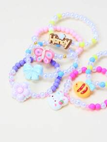 6件套可爱蝴蝶结、兔子、蝴蝶、花朵、蜜蜂串珠手链，适合女孩日常、节日、生日、派对佩戴 - 彩色 - 查看 4