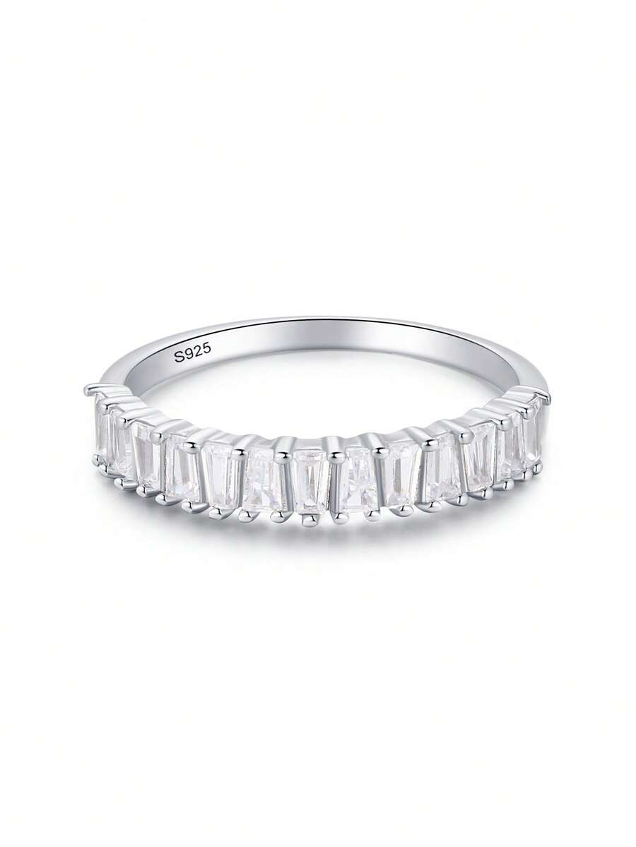 1 pezzo Anello in argento sterling 925 genuino con combinazione di zirconia trapezoidale trasparente, gioiello di moda per donna - Argento - Visualizzare 1