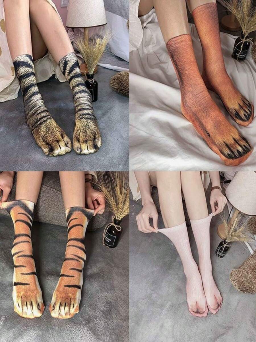 3D Animal Paw Print Mid-Calf Socks, Funny Creative Cartoon Animal Hoof Print Socks - Multicolor - View 1
