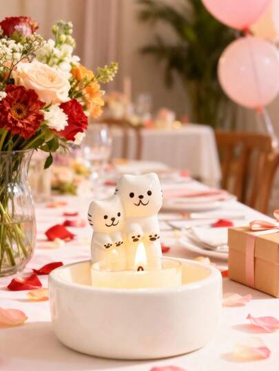 1pc Couple Cat Ceramic Candle Holder, Cat Scented Candle Holder, Valentine's Day Cat Figurine | Valentine's Day Gifts, Party Decorations, Home Decor, Room Decorations