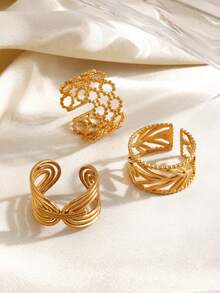 3pcs/Set Stainless Steel 18K Gold Plated Fashionable Geometric Line Design Rings Set, Suitable For Women's Daily Wear