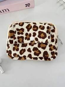 Corduroy Flip Cover Card Holder & Coin Purse, Multi-Functional Leopard Print Organizer Pouch Women's Portable Lipstick & Cosmetic Bag - Multicolor - View 9