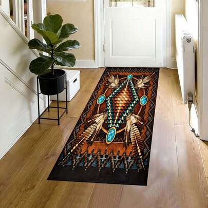 1 件棕色和蓝色羽毛宝石图案地毯，采用柔软的短绒羽毛，并饰以宝石点缀，适用于入口走廊和家居装饰/日常前门场景