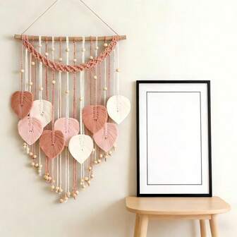 1 pieza Colgante de pared de macramé, decoración de pared con hojas de estilo bohemio, fondo de pared de hojas hecho a mano minimalista, cabecera, tapiz