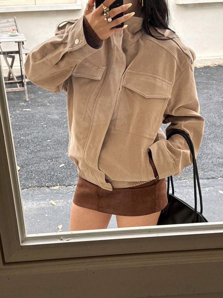 DEEKA Autumn/Winter New Women's European And American Style Fashion Suede Texture Jacket - Light Khaki - View 1