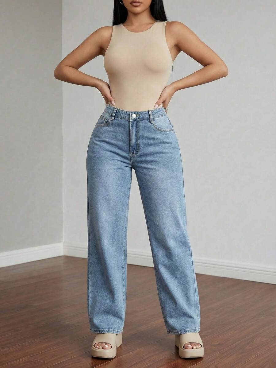 Women's High Waisted Wide Leg Jeans - Light Wash Straight Denim Pants Relaxed Fit Minimalist Aesthetic - 淺色水洗藍 - 查看 1