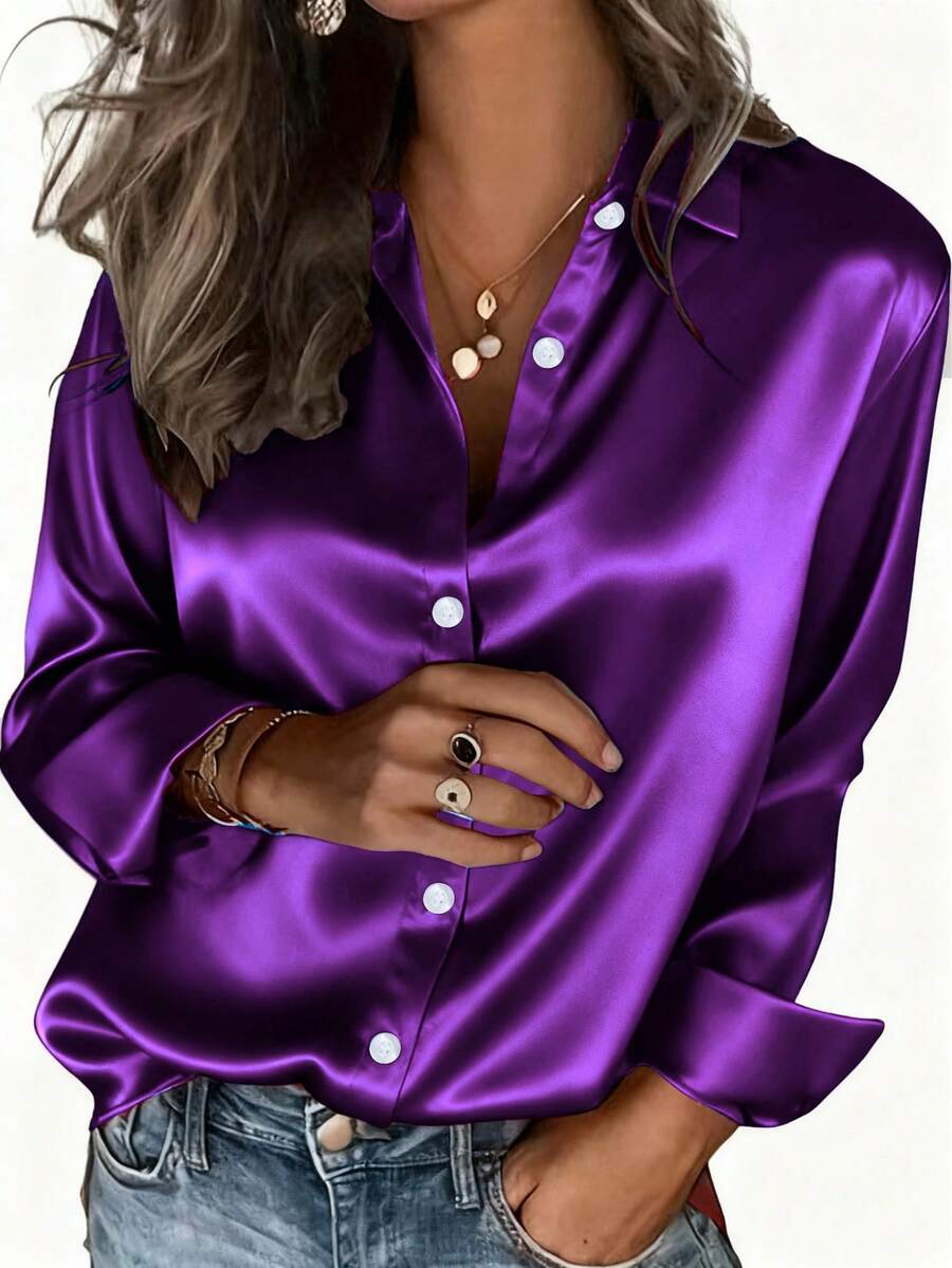 Women's Fashion New Casual Satin Button-Up Shirt, Suitable For All Seasons Spring - Purple - View 1