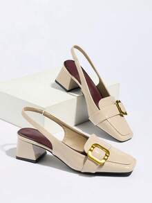 New French Chunky Heeled Closed Toe Sandals, Burgundy, Mid-Low Heel, Metal Square Toe, Elegant Women's High Heels - Apricot - View 7