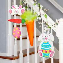 2pcs Easter Decorative Wooden Door/Wall Signs With Ropes, Rabbit, Egg, Carrot Shaped Hanging Ornaments, Suitable For Home, Farm, Yard, Easter Party, Indoor/Outdoor Decor (White, Pink) - Multicolor - View 2