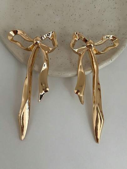 2pcs/Set Fashionable & Elegant Metal Bow Stud Earrings, Suitable For Banquet, Party, Gift For Girls, Girls Accessories