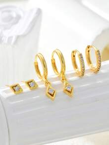 6pcs Women's Gold Square Cubic Zirconia Geometric Design Earring Set, Hypoallergenic, Petite Hoop, Lightweight, Stackable For Multiple Piercings, Fashion Versatile, Suitable For Dates, Parties, Weddings, Birthdays, Holidays - Gold - View 5