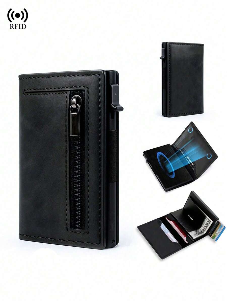 磁性信用卡夹，男士钱包，高品质三折钱包，防盗，超薄简约弹出式小金属钱包，男士磁性钱包，男士礼品，商务钱包，旅行钱包，卡包，钱包，证件夹，钱包配件，卡包钱包 - 黑色 - 查看 1