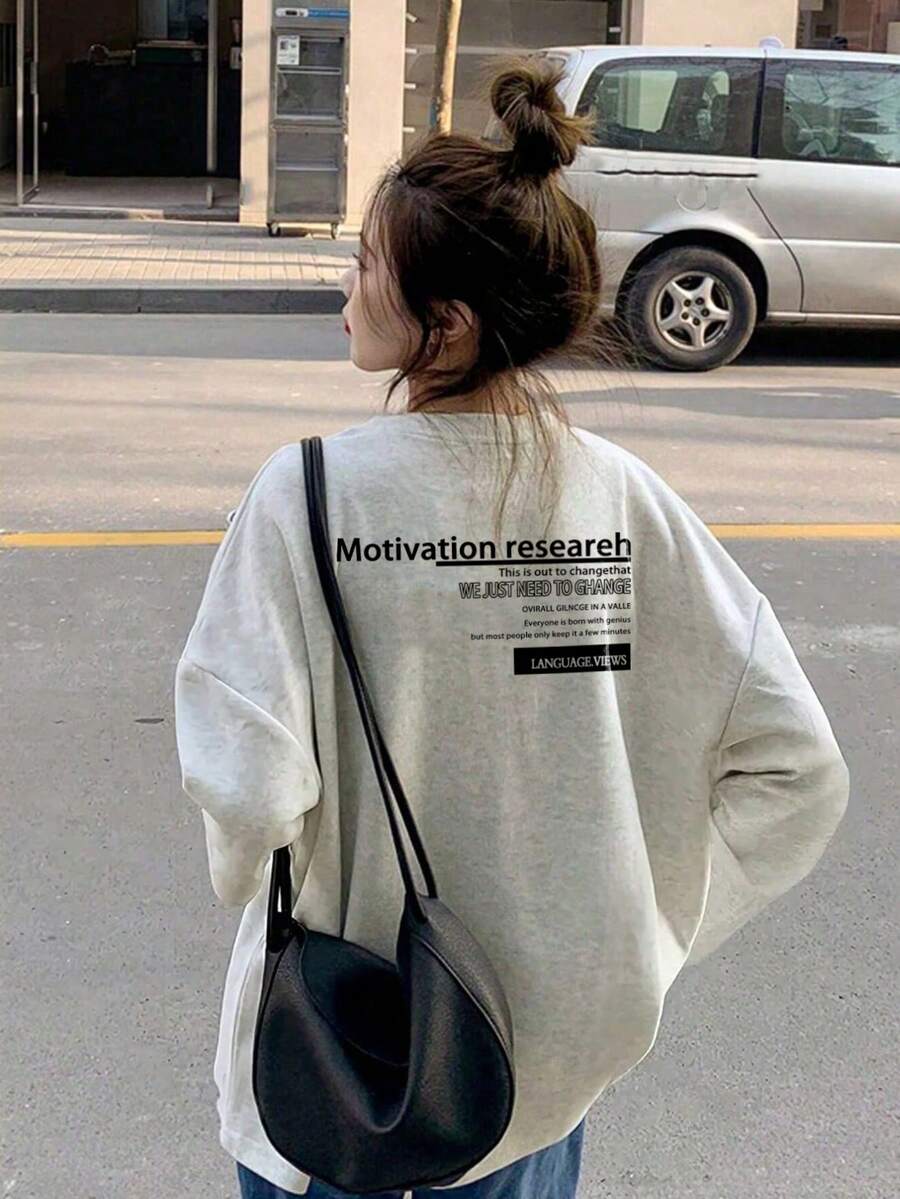 Women's Loose Fit Letter Print Long Sleeve T-Shirt, Versatile For Spring And Autumn Casual - Light Gray - View 1