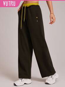 VUTRU High Waist Contrast Waistband Sports Wide Leg Pants, Casual Straight Leg Trousers
