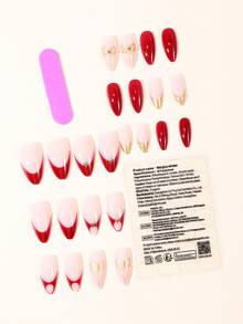 Bộ 24 miếng dán móng tay hình hạnh nhân màu đỏ tía trang nhã, kiểu Pháp, điểm xuyết nơ và ruy băng vàng. Những miếng dán móng tay lấp lánh, phủ kín toàn bộ bề mặt này rất thích hợp làm quà tặng năm mới cho phái nữ, dùng hàng ngày hoặc tự trang trí trong các bữa tiệc. (Dụng cụ làm móng) - Nhiều màu - Xem 2