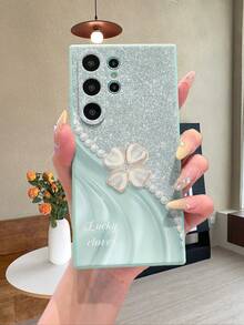 1 pieza Funda de teléfono de silicona suave con patrón de trébol de perlas falsas, minimalista y de lujo, a prueba de golpes y antihuellas dactilares, compatible con Android Smartphones - S25Ultra/S24Ultra/S23Ultra/S22Ultra, compatible con Redmi 12/Note 13, compatible con OPPO, compatible con la serie Realme, versión internacional, no la versión nacional - cian claro - Ver 5