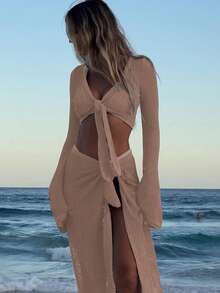 Women's Solid Color Sweetheart Neck Twist Long Sleeve Top And Skirt Set - Khaki - View 4
