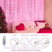 1pc 100/200/300 LED Curtain Lights With 8 Modes, USB Powered, With Remote Control, Fairy Light Strings Perfect For Weddings, Christmas And Holiday Home Decor, Bedroom Decor, Garden, LED, Lights, Home Decor, Bedroom Decor - 粉色 - 查看 1