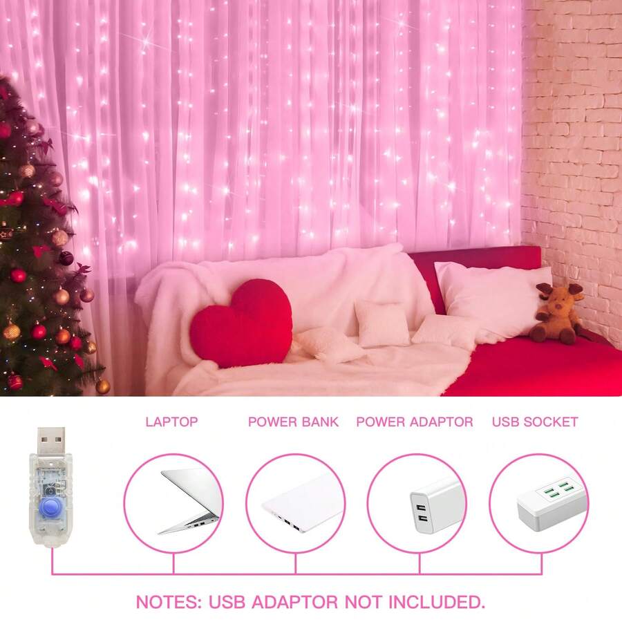 1pc 100/200/300 LED Curtain Lights With 8 Modes, USB Powered, With Remote Control, Fairy Light Strings Perfect For Weddings, Christmas And Holiday Home Decor, Bedroom Decor, Garden, LED, Lights, Home Decor, Bedroom Decor - 粉色 - 查看 1