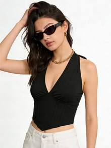 Svart Ärmlös Camisole Bustier - Djup V-ringad Casual Vest - Svart - Visa 1