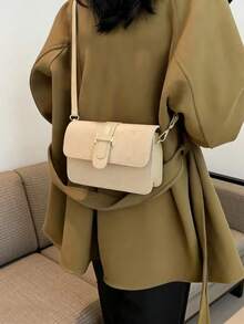1个迷你纯色方形包，金属扣装饰，仿麂皮PU可调节肩带，女士翻盖斜挎包，适合日常使用、购物、约会 - 米色 - 查看 2