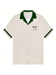 两件装男士亚麻印花度假衬衫，复古领上衣，撞色缎面保龄球衫，高端优雅奢华夏季衬衫 - 彩色 - 查看 4