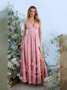 Women's Elegant Dress With Floral Print, Fitted And Wide Hem, Beach-Style Halter Top Long Dress - 西瓜粉 - 查看 2