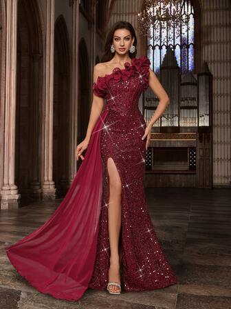 QOQ 时尚亮片装饰女士正式礼服，适合生日派对、鸡尾酒会、盛大晚宴、高级宴会、周年庆典等场合。纯色无袖不对称领口开衩长裙