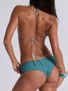 2 Piece Bikini Set For Women Y2K Striped Bathing Suit Backless Halter Triangle Bikini Top Drawstring Bottoms Swimsuits - 綠色 - 查看 6