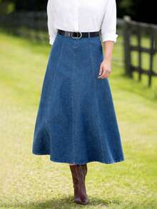 Plus Size Women Elastic Denim Skirt, Dark Blue Wash