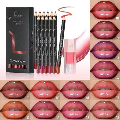  13pcs Pudaier Lip Makeup Set - Moisturizing Lip Gloss & Lip Liner Pencil, Suitable For Various Makeup Styles, Can Be Used Alone Or Layered, Long-Lasting And Waterproof Lip Liner Pencil