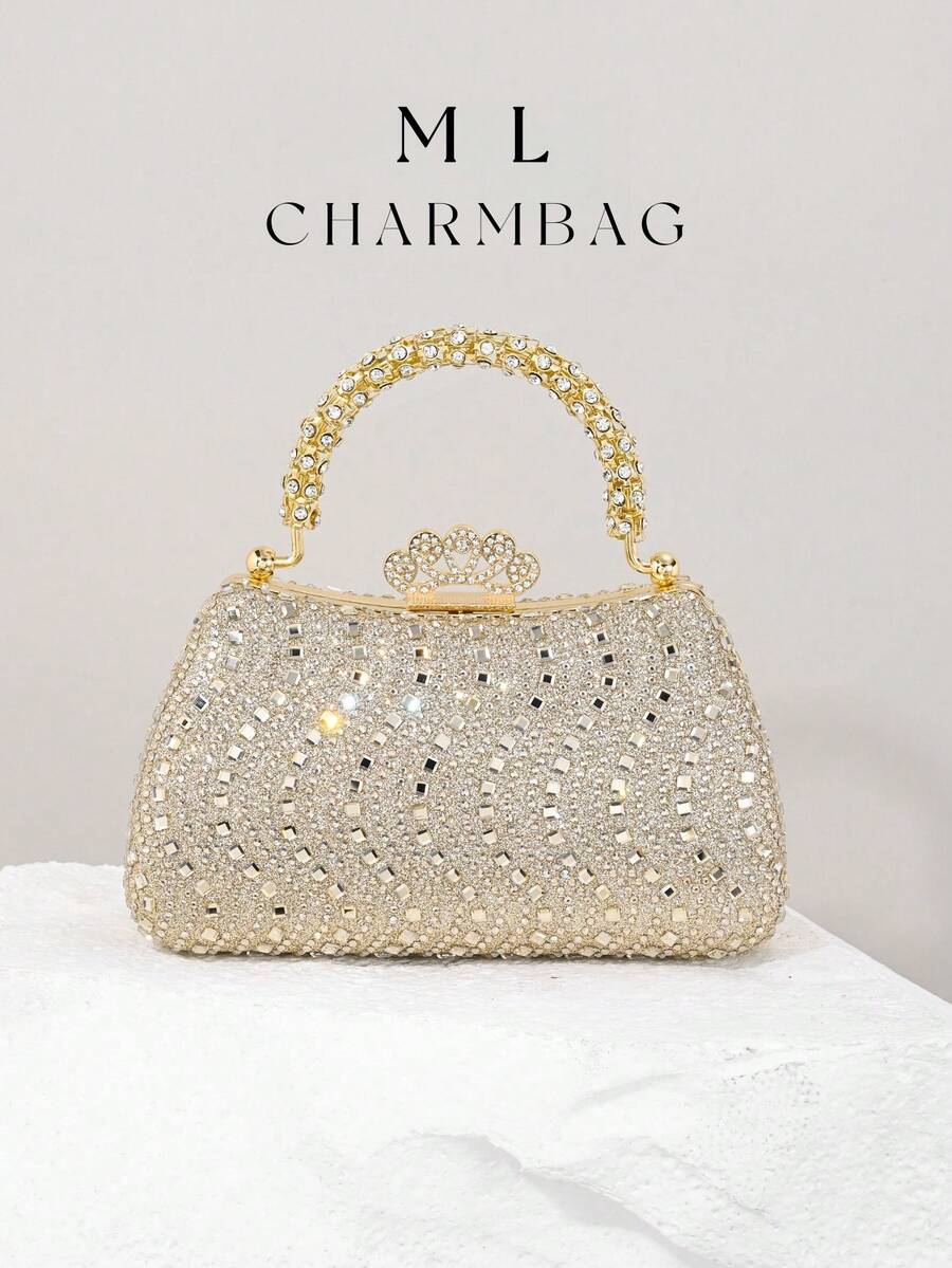 1 pièce Sac à main de luxe pour femme avec strass et paillettes, sac de soirée élégant convenant pour les fêtes, les mariages et les occasions formelles. Parfait pour les soirées, les mariages, les bals et les dîners/banquets. - Doré - Voir 1